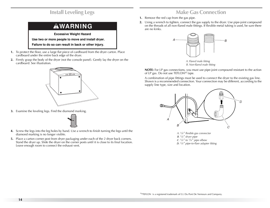 Maytag W10057354A manual Install Leveling Legs, Make Gas Connection, Examine the leveling legs. Find the diamond marking 