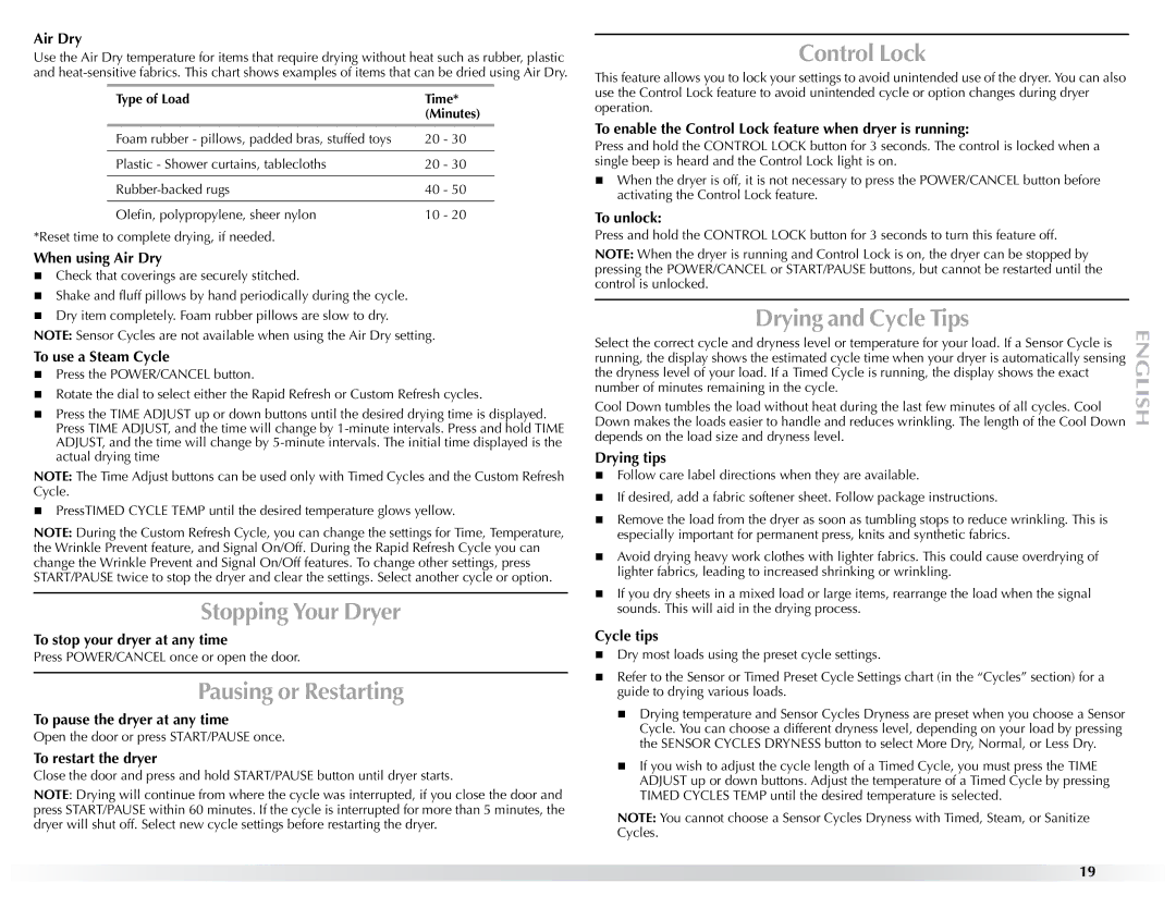 Maytag W10057354A manual Stopping Your Dryer, Pausing or Restarting, Control Lock, Drying and Cycle Tips 