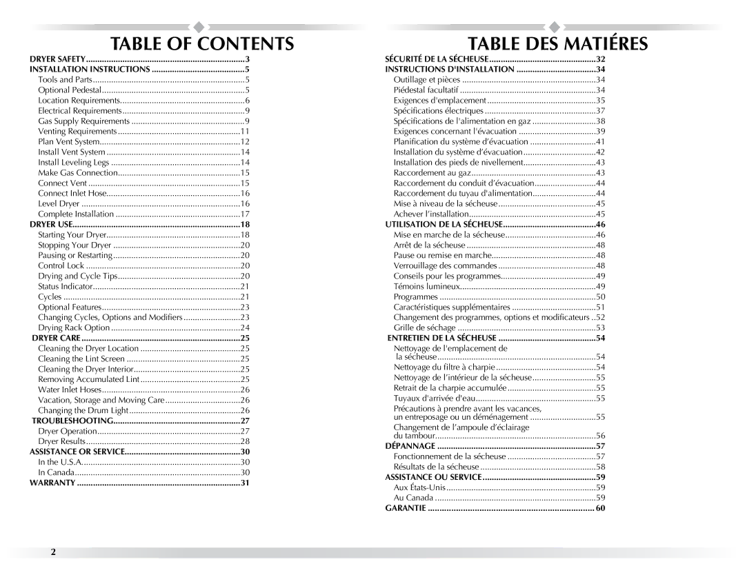 Maytag W10057354A manual Table of Contents, Table DES Matiéres 