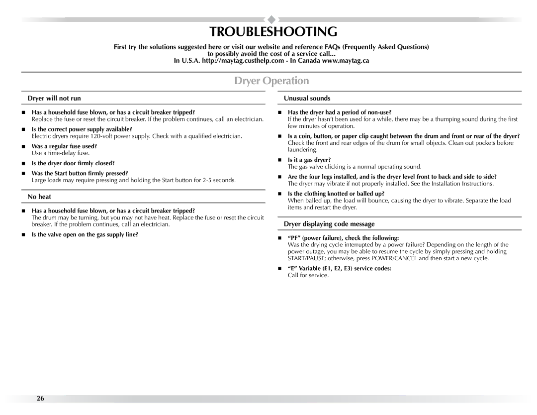 Maytag W10057354A manual Troubleshooting, Dryer Operation 