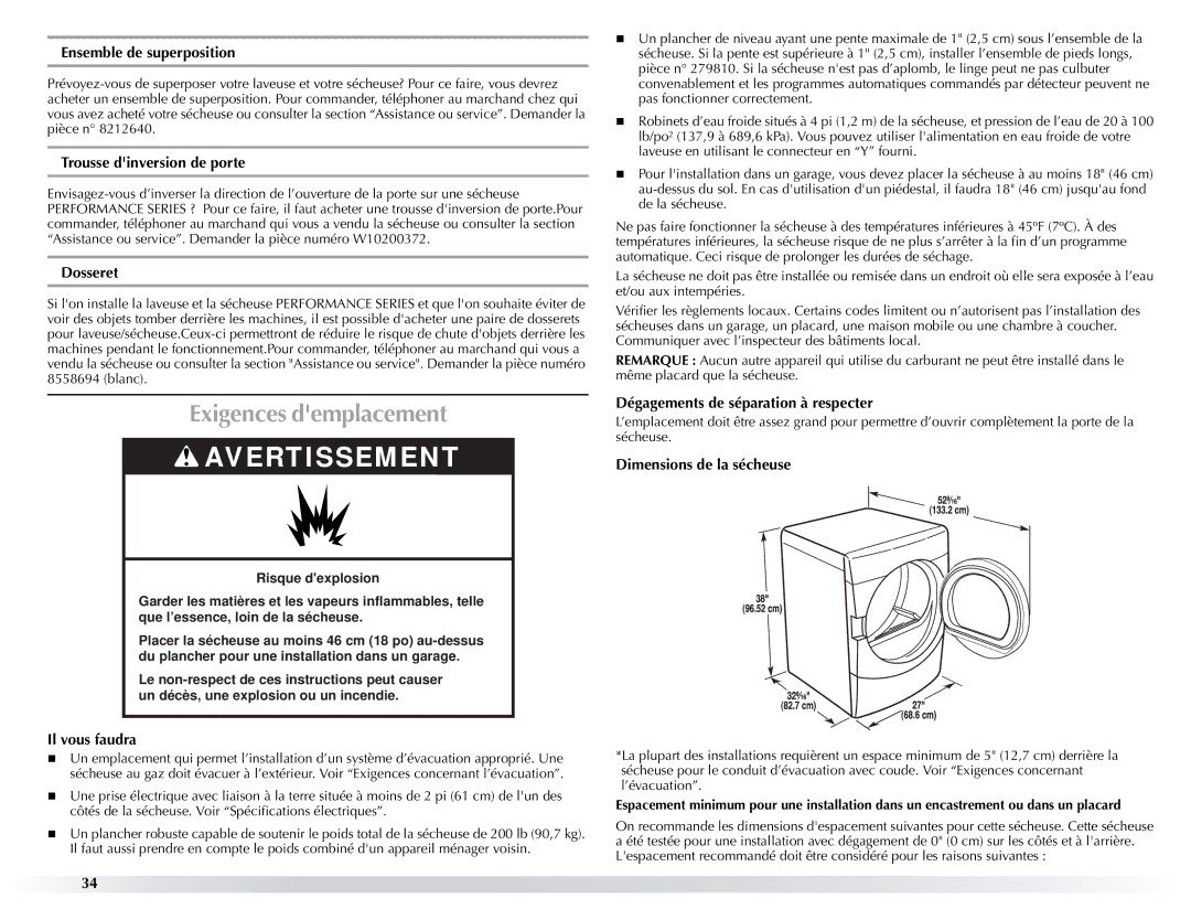 Maytag W10057354A manual Exigences demplacement 