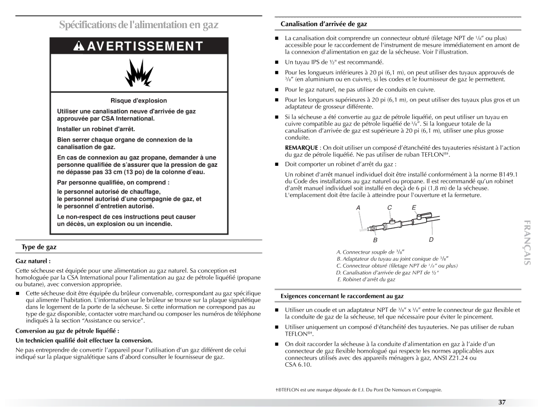 Maytag W10057354A manual Type de gaz, Gaz naturel, Exigences concernant le raccordement au gaz 