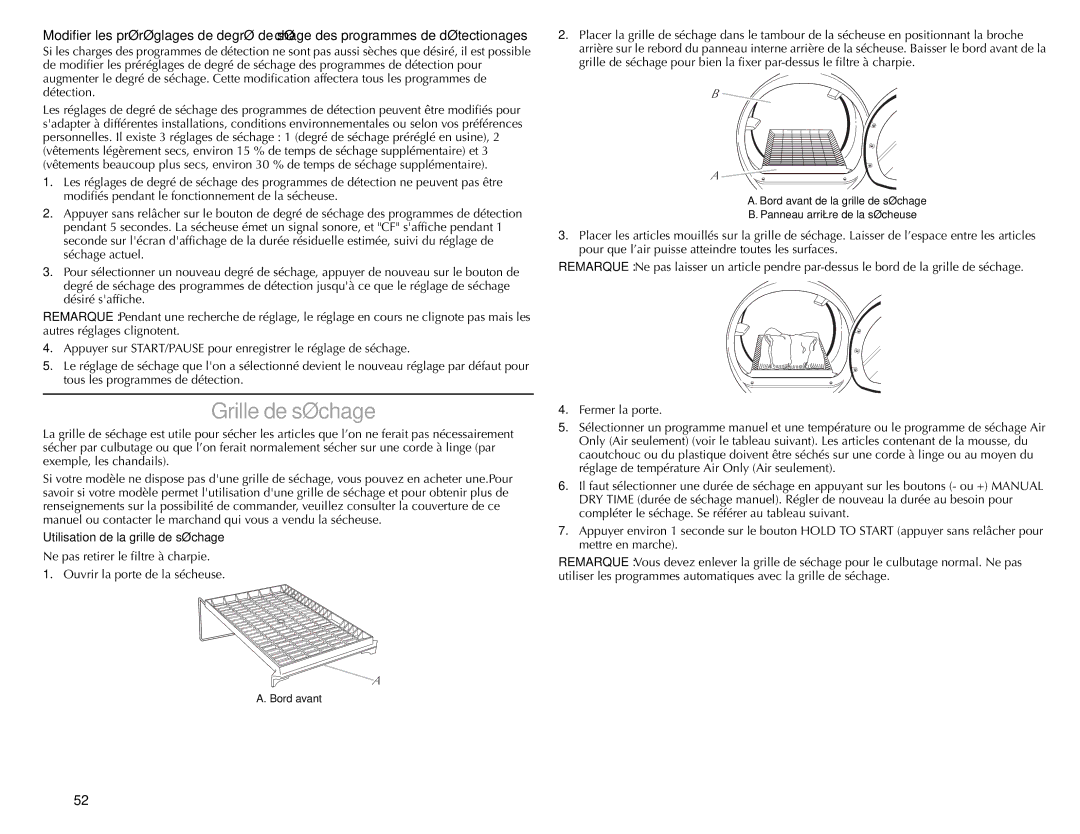 Maytag W10057354A manual Grille de séchage, Utilisation de la grille de séchage 