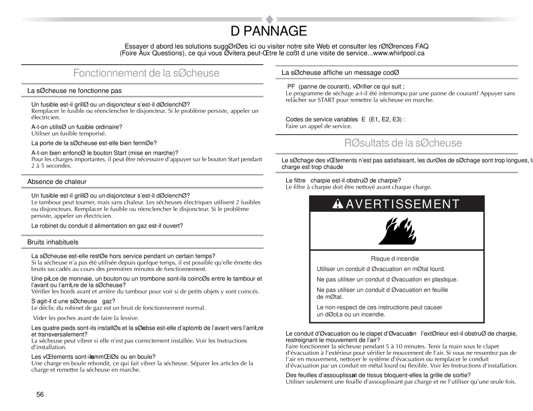 Maytag W10057354A manual Dépannage, Fonctionnement de la sécheuse, Résultats de la sécheuse 