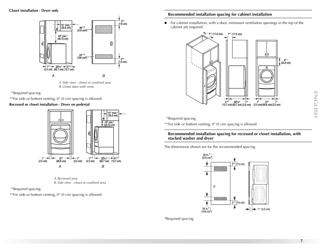 Maytag W10057354A manual Recommended installation spacing for cabinet installation, Closet installation Dryer only 