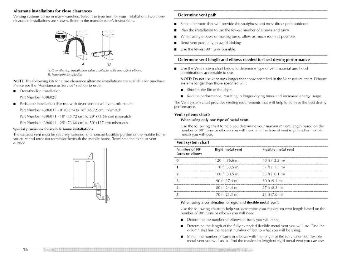 Maytag MED5591TQ0 Alternate installations for close clearances, Special provisions for mobile home installations, Vent 