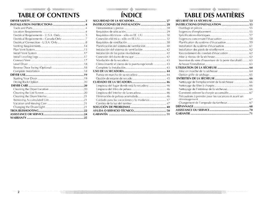 Maytag MED5591TQ1, W10088776A, MED5591TQ0 manual Table of Contents Indice, Table DES Matieres 