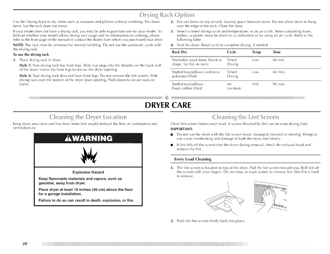 Maytag MED5591TQ1, W10088776A, MED5591TQ0 manual Dryer Care, Rack Dry, Temp Time, Every Load Cleaning 