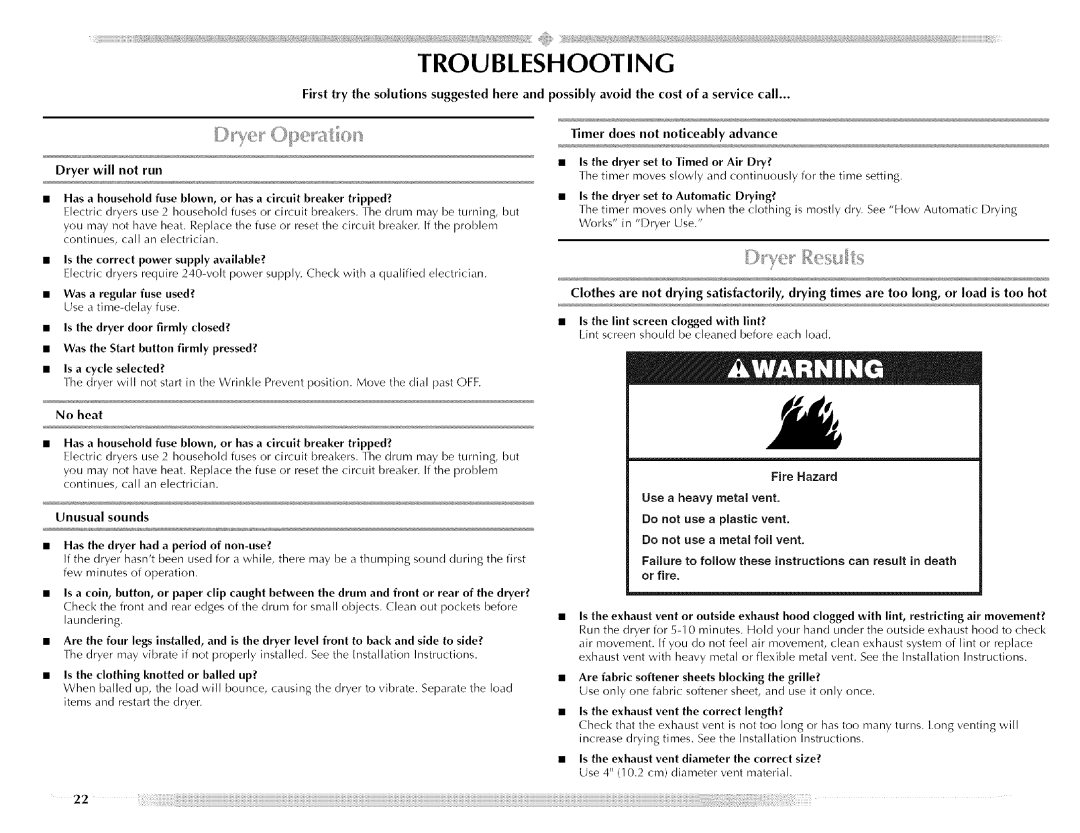 Maytag MED5591TQ0 manual Troubleshooting, Use a heavy metal vent Do not use a plastic vent, Do not use a metal foil vent 