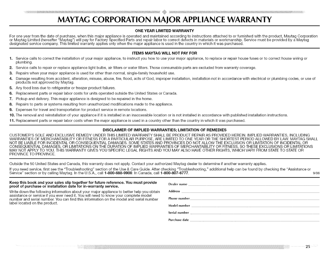 Maytag MED5591TQ0, W10088776A, MED5591TQ1 manual Maytag Corporation Major Appliance Warranty, Ii %iii!i 