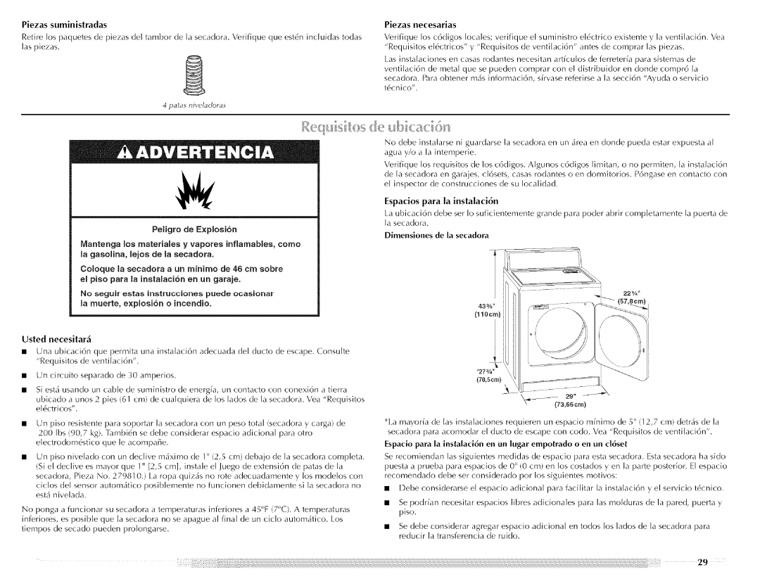 Maytag MED5591TQ1, W10088776A, MED5591TQ0 manual Patas niveladoras, Piezas necesarias, Espacios para la instalaci6n, 27% 