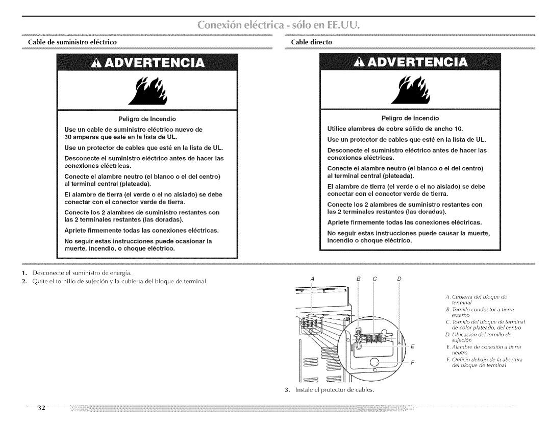 Maytag MED5591TQ1, W10088776A, MED5591TQ0 manual Incendio o choque electrico, Instale el protector de cables 