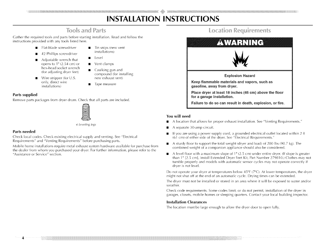 Maytag MED5591TQ0 manual Vent clamps, Caulking gun, Compound For installing, New exhaust vent, Installation Clearances 