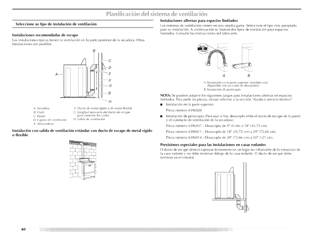 Maytag MED5591TQ0, W10088776A manual Flexible, Para espacios limitados Seleccione, De ventilaci6n, Instalaciones, Escape 