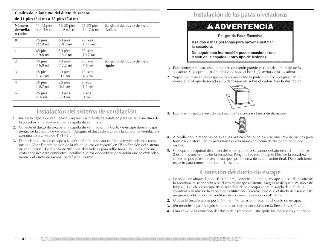 Maytag W10088776A, MED5591TQ0, MED5591TQ1 manual Devueltas, Del ducto, Peligro de Peso Excesivo 