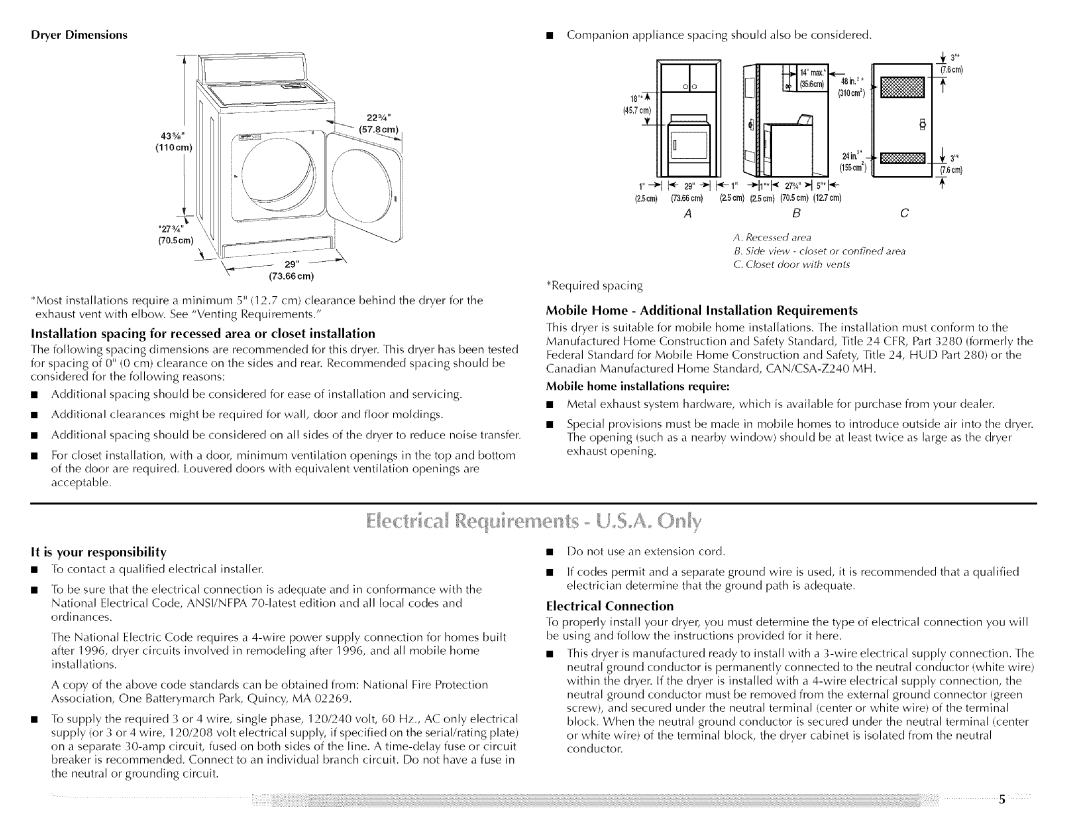 Maytag MED5591TQ1, W10088776A 110cm, 5cm, Installation Requirements, Mobile Home Installations, Electrical Connection 