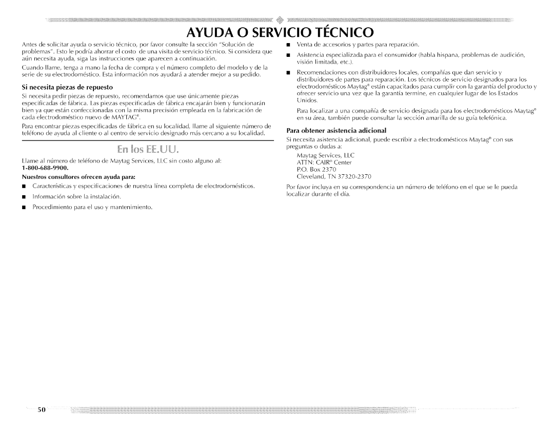 Maytag MED5591TQ1, W10088776A, MED5591TQ0 manual Ayuda O Servicio Tecnico, Si necesita piezas de repuesto, Attn CAR Center 