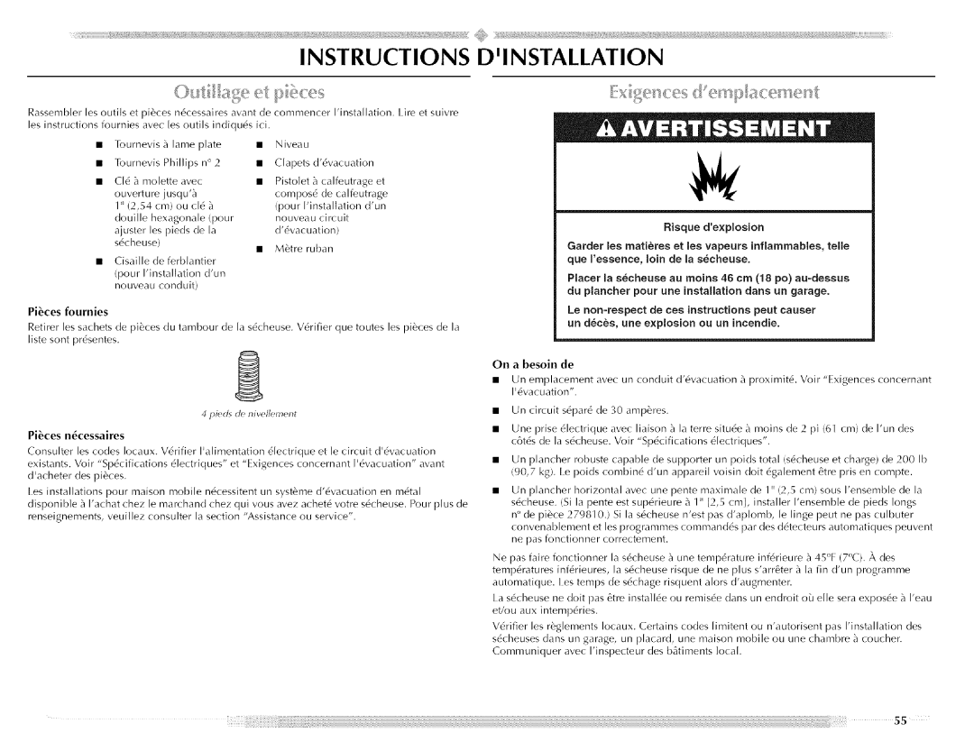 Maytag MED5591TQ0, W10088776A, MED5591TQ1 manual Instructions Dinstallation, Piices fournies, Iid de nivellement 