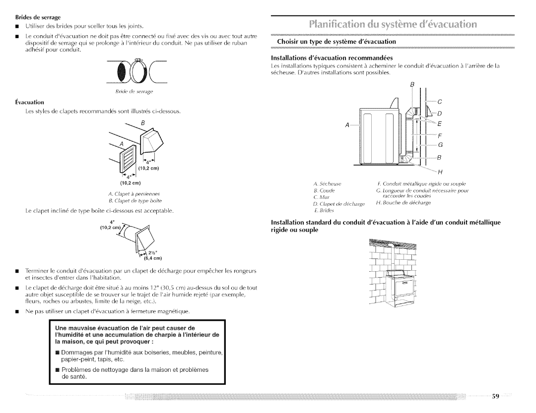 Maytag MED5591TQ1, W10088776A, MED5591TQ0 manual Rigide ou souple, Installations dvacuation recommandes, Bride deserrage 