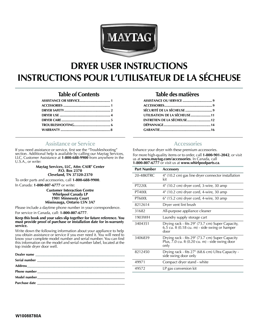 Maytag W10088780A warranty Instructions Pour L’UTILISATEUR DE LA Sécheuse, Assistance or Service, Accessories 