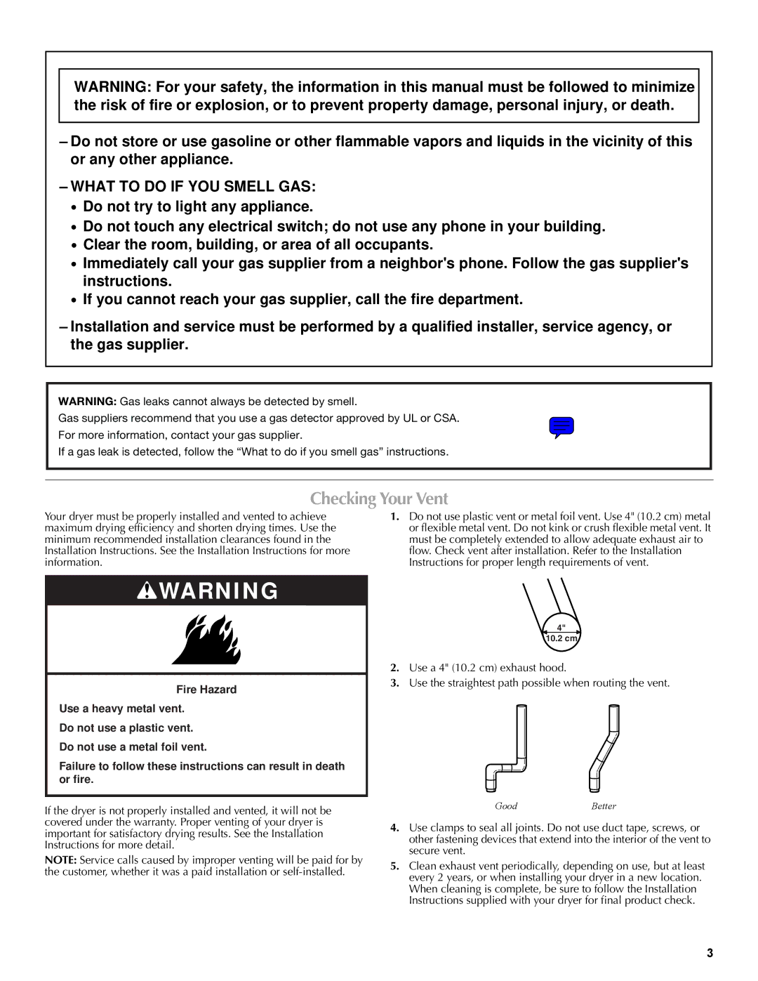 Maytag W10088780A warranty Checking Your Vent, What to do if YOU Smell GAS 