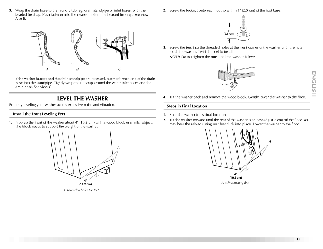 Maytag W10092682 manual Level the Washer, Install the Front Leveling Feet, Steps in Final Location 