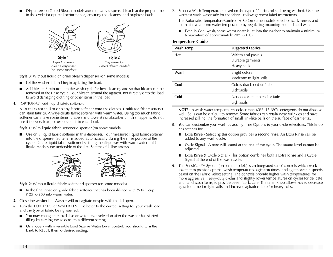 Maytag W10092682 manual Temperature Guide, Wash Temp Suggested Fabrics Hot, Warm, Cool, Cold 