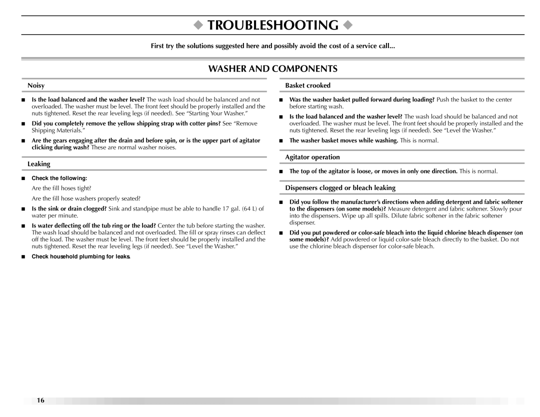 Maytag W10092682 manual Troubleshooting, Washer and Components 