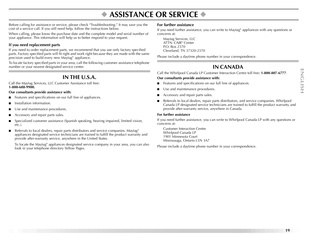 Maytag W10092682 manual Assistance or Service, U.S.A, Canada, If you need replacement parts, For further assistance 