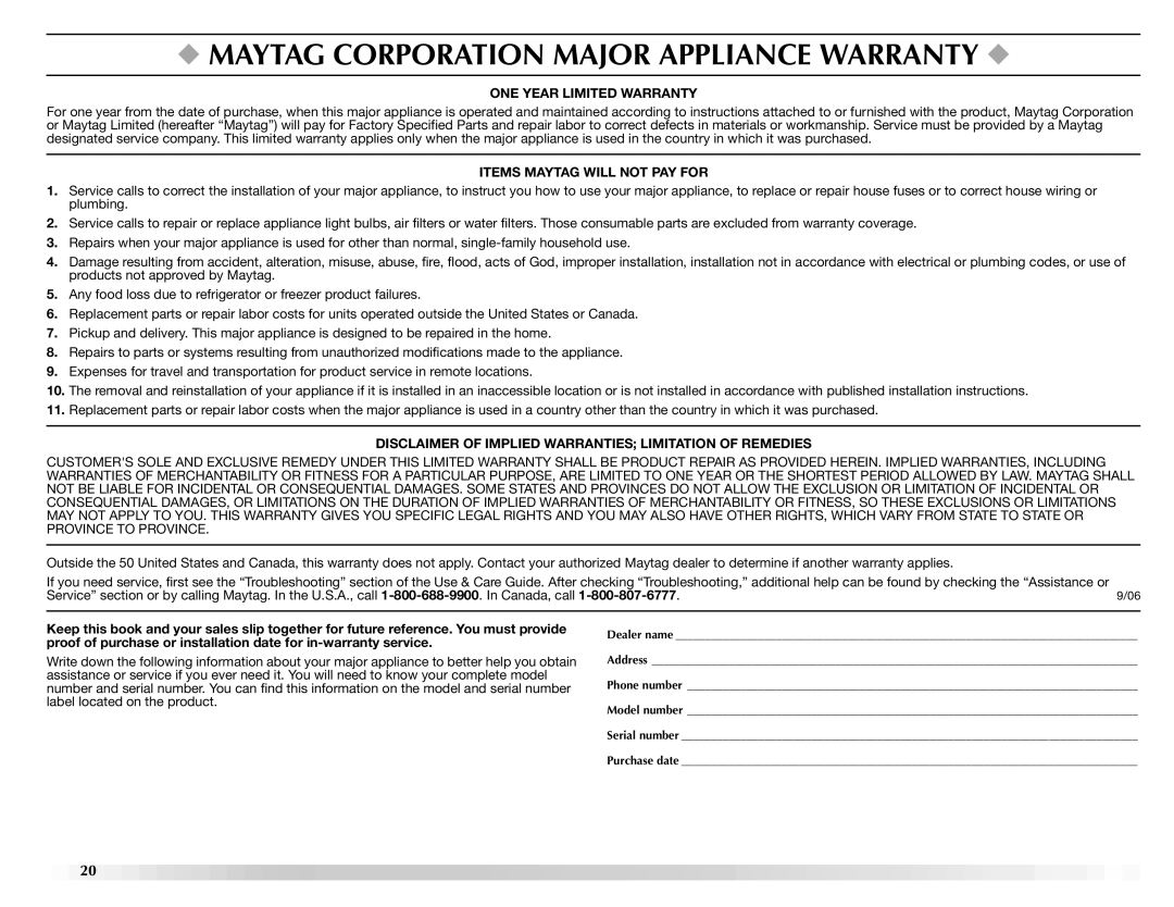 Maytag W10092682 manual Maytag Corporation Major Appliance Warranty, ONE Year Limited Warranty 