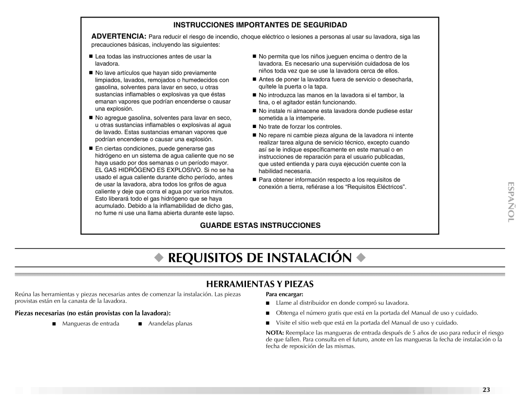 Maytag W10092682 Requisitos DE Instalación, Herramientas Y Piezas, Piezas necesarias no están provistas con la lavadora 