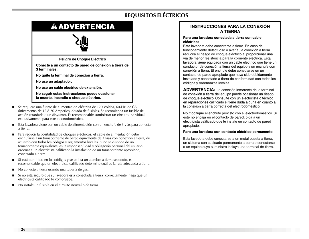 Maytag W10092682 manual Requisitos Eléctricos, Instrucciones Para LA Conexión Tierra 