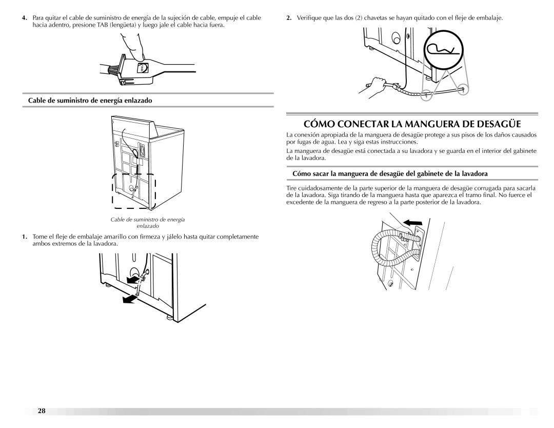 Maytag W10092682 manual Cómo Conectar LA Manguera DE Desagüe, Cable de suministro de energía enlazado 