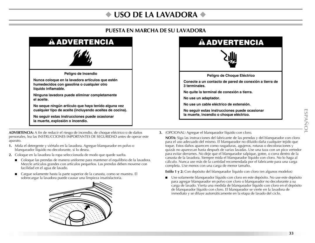 Maytag W10092682 manual USO DE LA Lavadora, Puesta EN Marcha DE SU Lavadora 