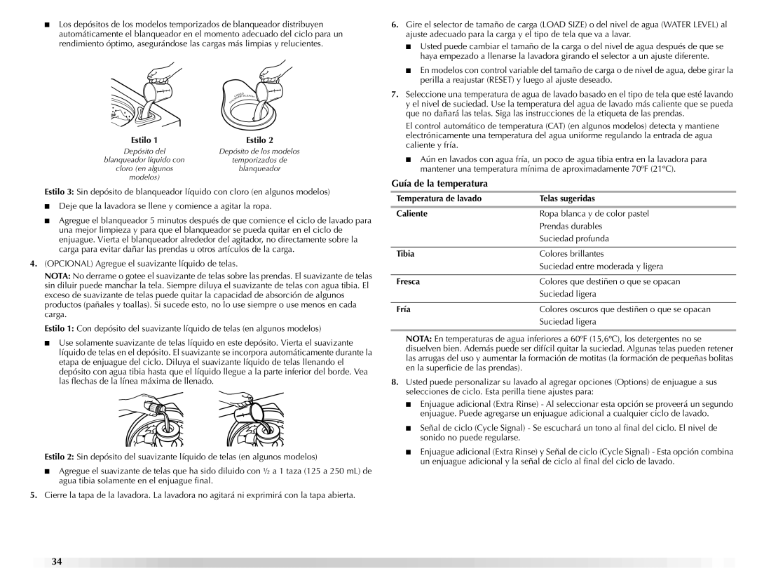 Maytag W10092682 manual Guía de la temperatura, Temperatura de lavado Telas sugeridas Caliente, Tibia, Fresca, Fría 