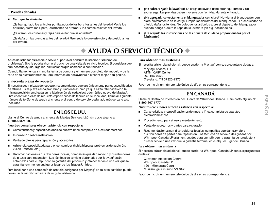 Maytag W10092682 manual Ayuda O Servicio Técnico, En Los Ee.Uu, EN Canadá 