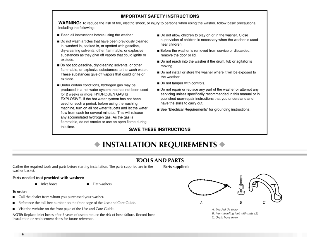 Maytag W10092682 manual Parts supplied, Parts needed not provided with washer, To order 