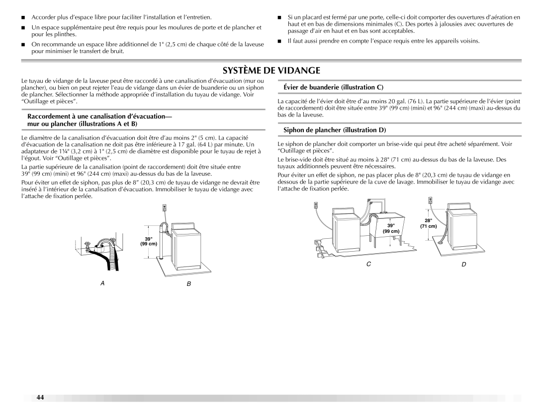 Maytag W10092682 manual Système DE Vidange, Évier de buanderie illustration C, Siphon de plancher illustration D 