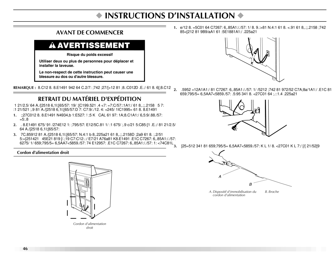 Maytag W10092682 manual Instructions D’INSTALLATION, Avant DE Commencer, Retrait DU Matériel Dexpédition 