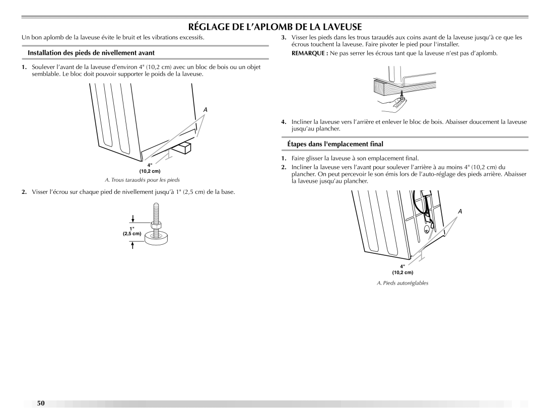 Maytag W10092682 manual Réglage DE L’APLOMB DE LA Laveuse, Installation des pieds de nivellement avant 