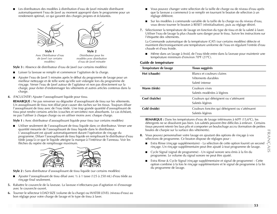 Maytag W10092682 manual Guide de température, Température de lavage Tissus suggérés Hot chaude, Warm tiède, Cool fraîche 