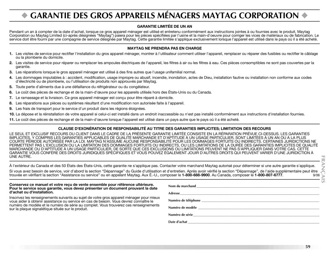 Maytag W10092682 manual Garantie DES Gros Appareils Ménagers Maytag Corporation 