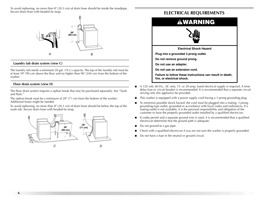 Maytag W10092682 manual Electrical Requirements, Laundry tub drain system view C, Floor drain system view D 