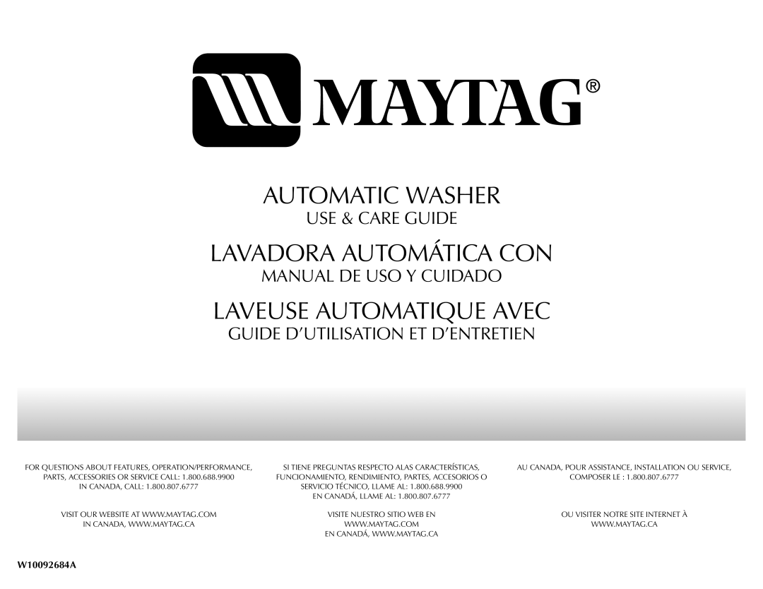 Maytag W10092684A manual Laveuse Automatique Avec 