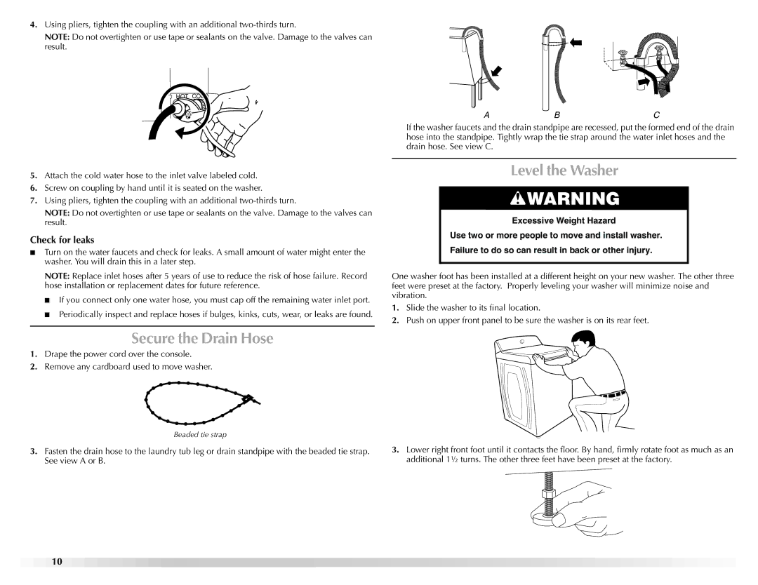 Maytag W10092684A manual Secure the Drain Hose, Level the Washer, Check for leaks 