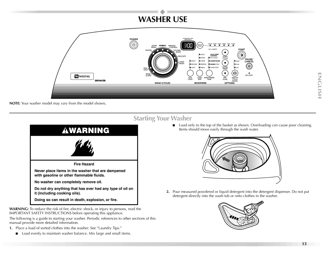 Maytag W10092684A manual Washer USE, Starting Your Washer 