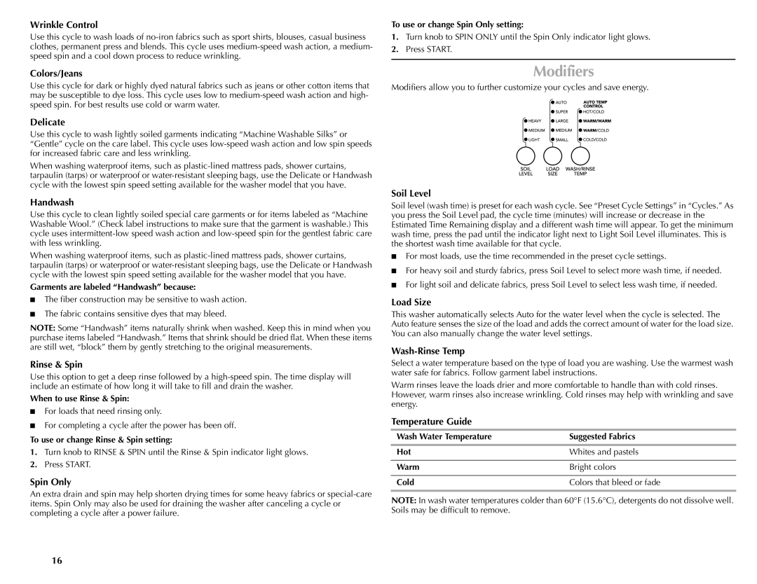 Maytag W10092684A manual Modifiers 