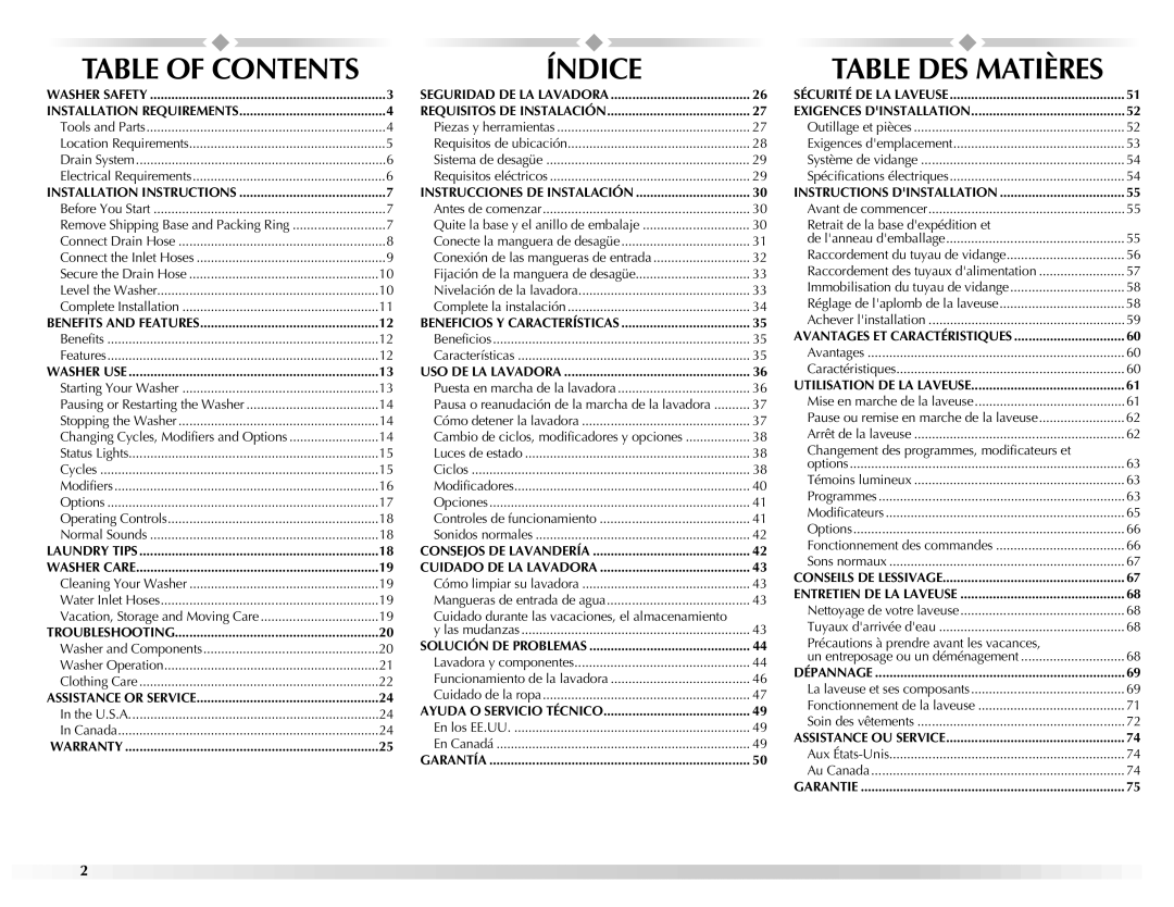 Maytag W10092684A manual Índice, Table of Contents 