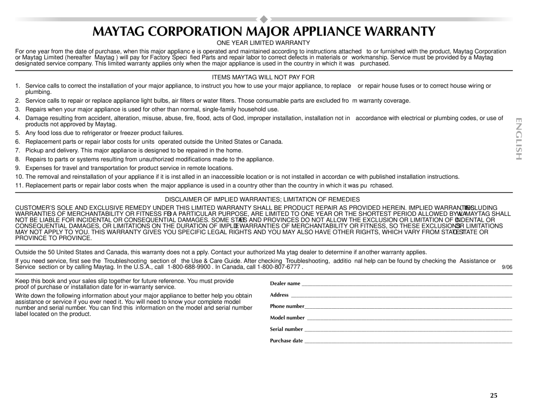 Maytag W10092684A manual Maytag Corporation Major Appliance Warranty, ONE Year Limited Warranty 