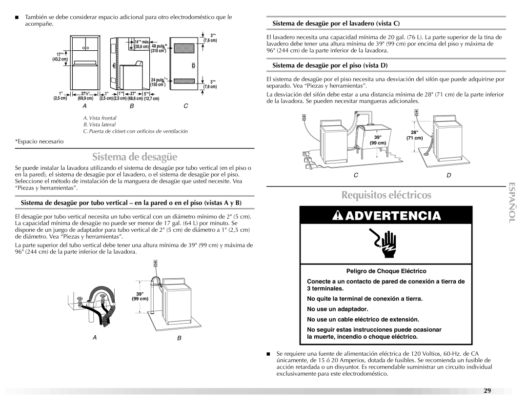 Maytag W10092684A manual Requisitos eléctricos, Sistema de desagüe por el lavadero vista C 